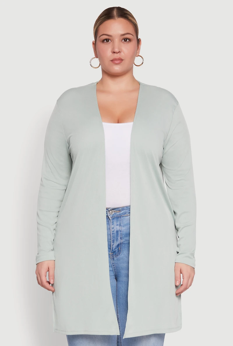 Womens Plus Size Rib Knit Long Sleeve Duster, Green, Size 1X
