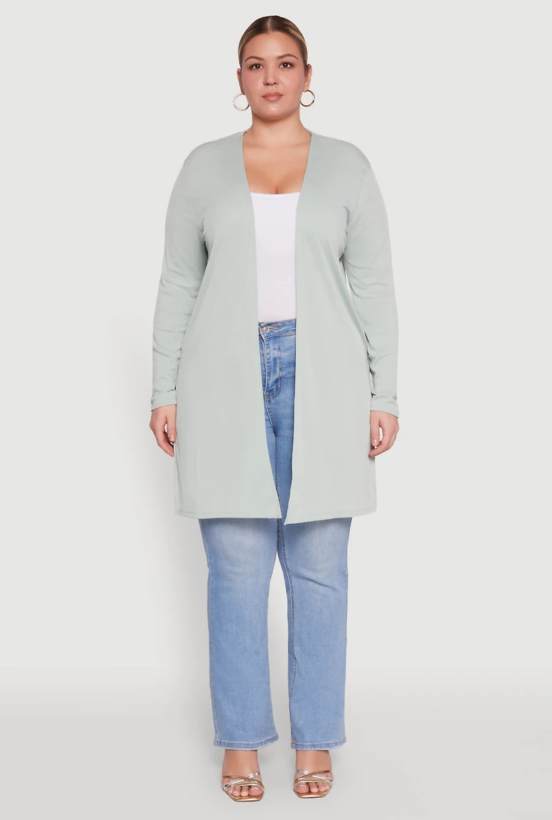 Womens Plus Size Rib Knit Long Sleeve Duster, Green, Size 1X
