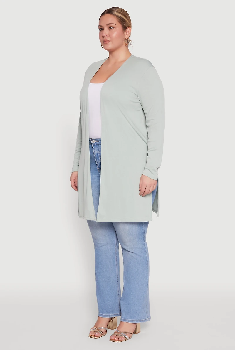 Womens Plus Size Rib Knit Long Sleeve Duster, Green, Size 1X