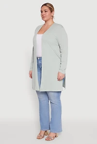 Womens Plus Size Rib Knit Long Sleeve Duster, Green, Size 1X
