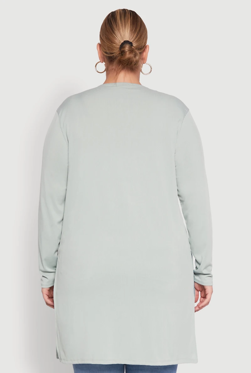 Womens Plus Size Rib Knit Long Sleeve Duster, Green, Size 1X
