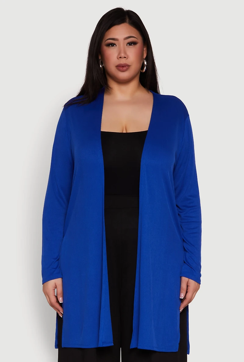 Womens Plus Size Rib Knit Long Sleeve Duster, Blue, Size 3X