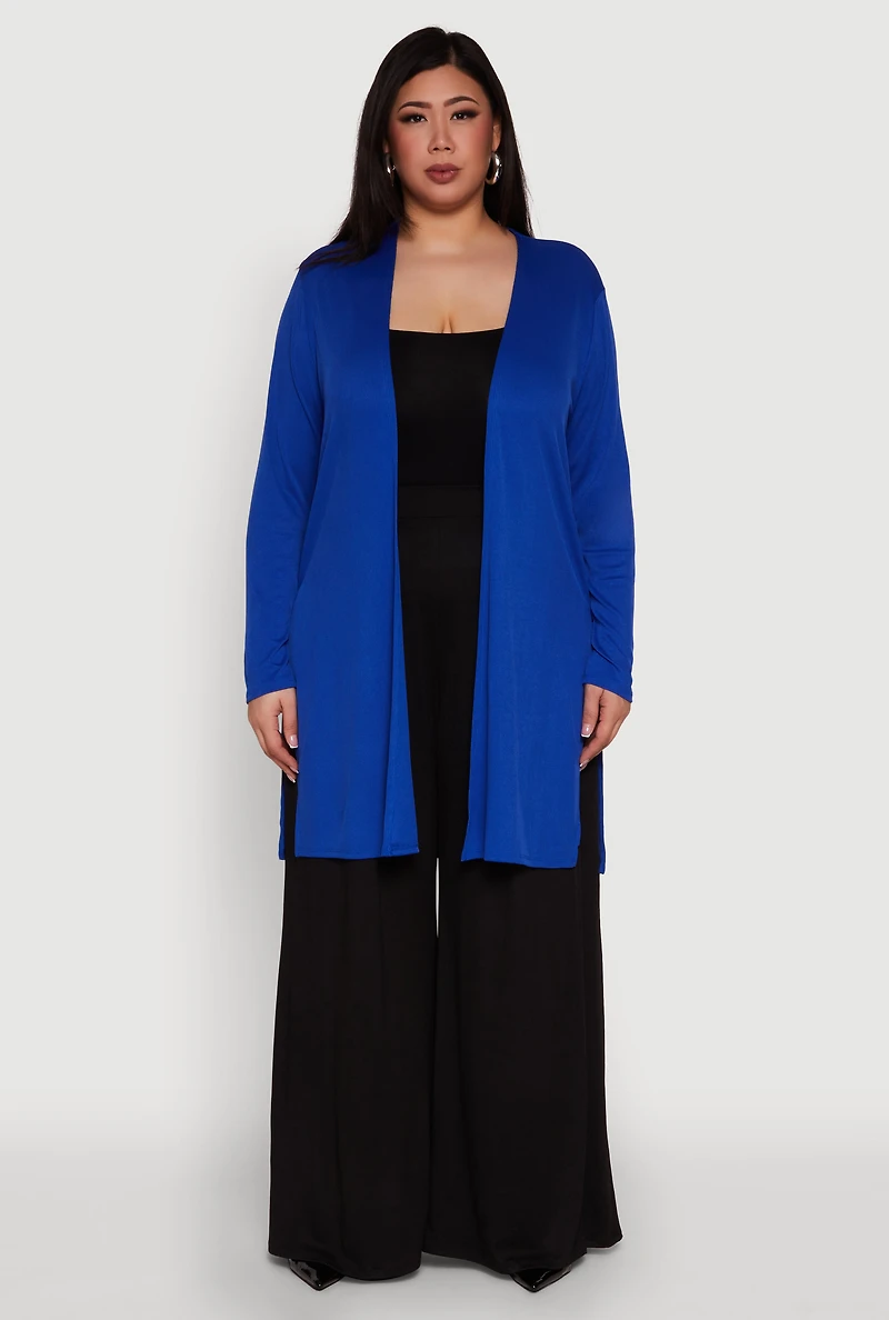 Womens Plus Size Rib Knit Long Sleeve Duster, Blue, Size 3X