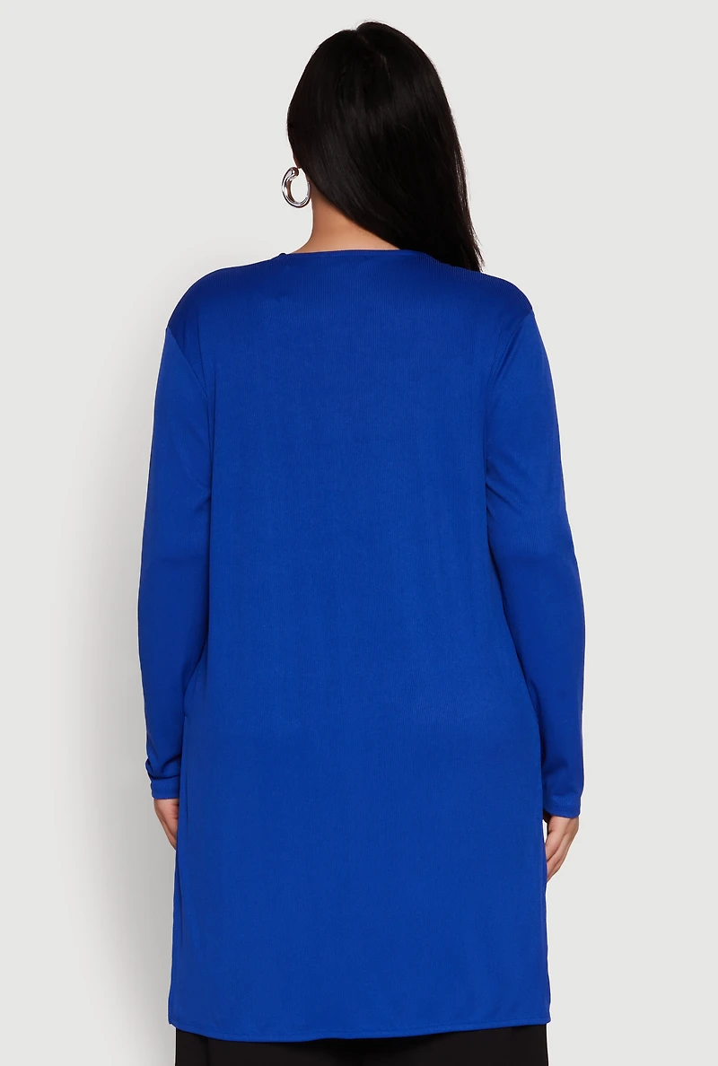 Womens Plus Size Rib Knit Long Sleeve Duster, Blue, Size 3X