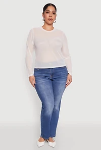 Womens Plus Size Mesh Long Sleeve Top, White, Size 2X