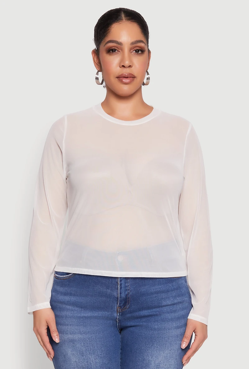 Womens Plus Size Mesh Long Sleeve Top, White, Size 2X