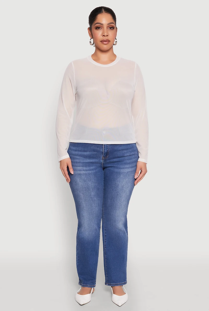 Womens Plus Size Mesh Long Sleeve Top, White, Size 2X