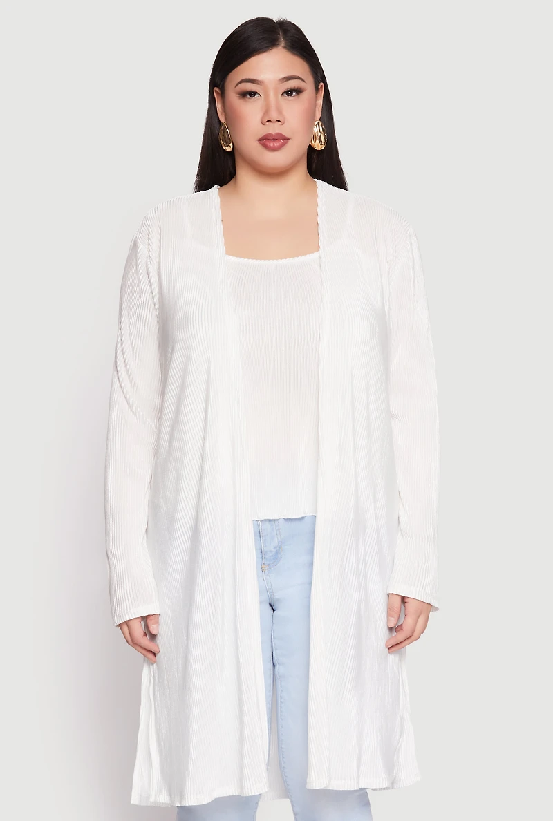 Womens Plus Size Plisse Duster, White, Size 1X