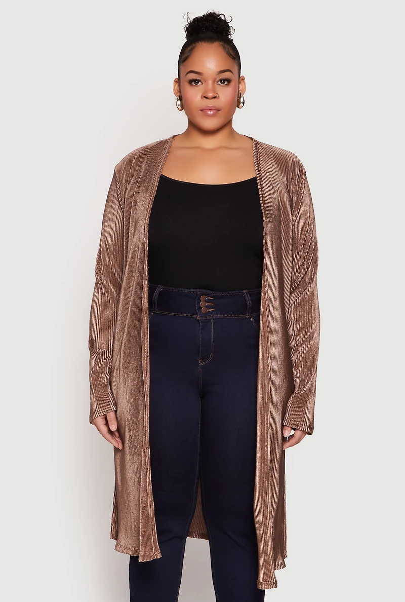 Womens Plus Size Plisse Duster, Brown, Size 1X