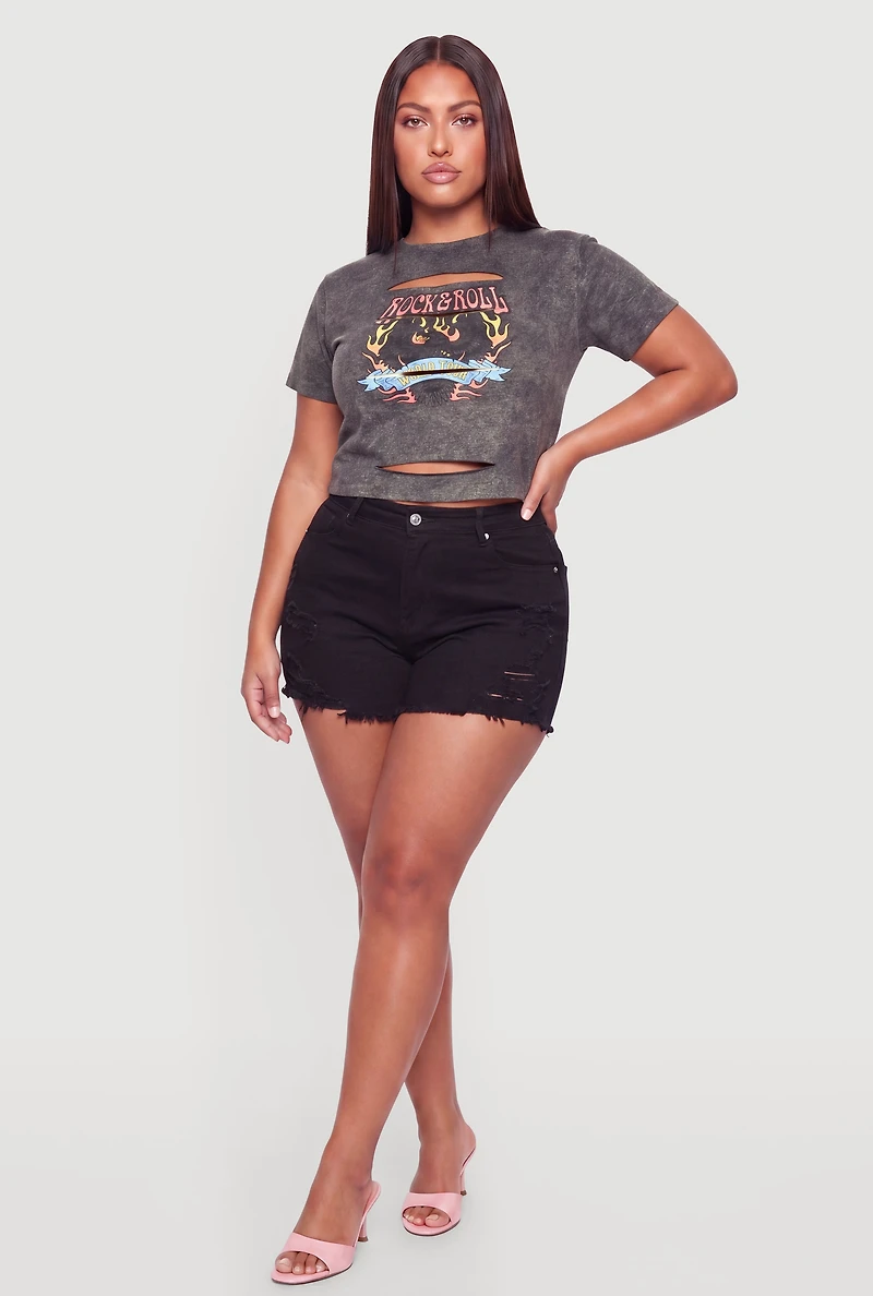 Plus Acid Wash Rock and Roll Graphic Laser Cut Crop Top