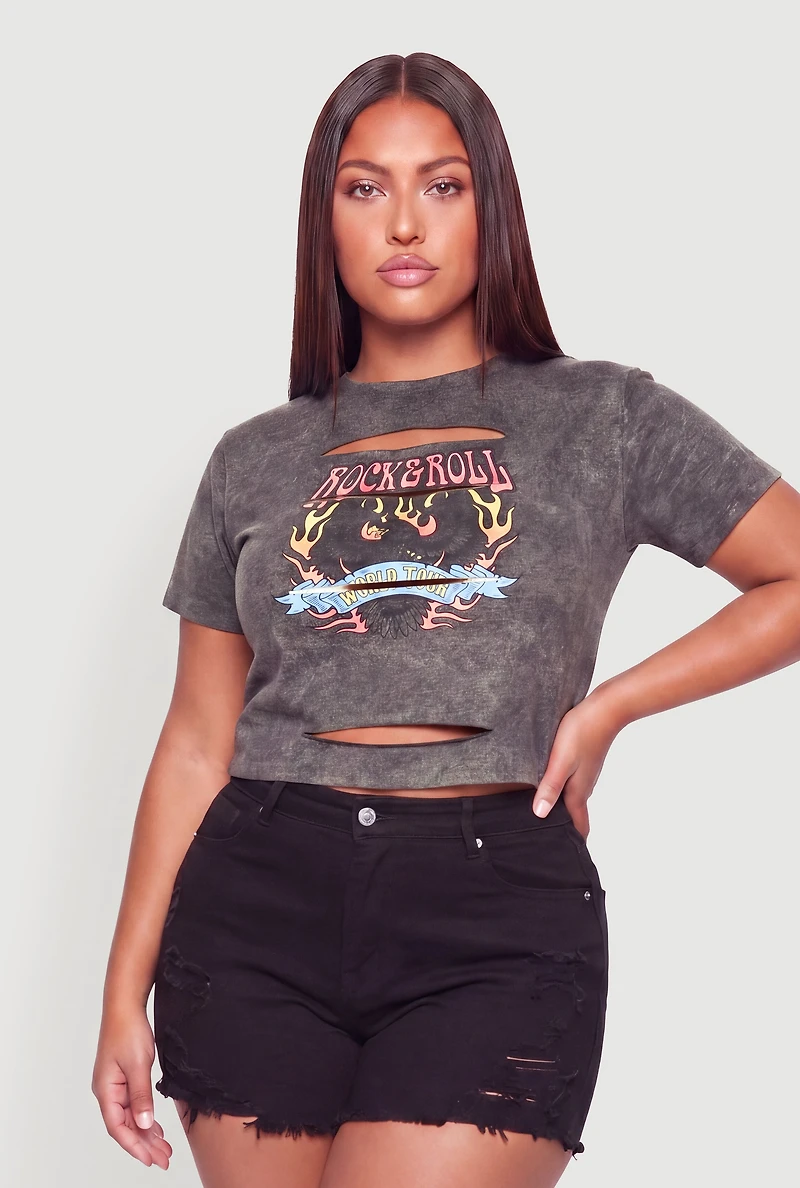 Plus Acid Wash Rock and Roll Graphic Laser Cut Crop Top