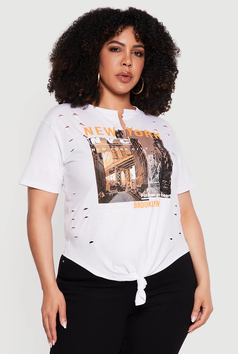 Plus Brooklyn New York Laser Cut Knot Front T-Shirt