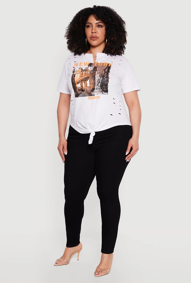 Plus Brooklyn New York Laser Cut Knot Front T-Shirt