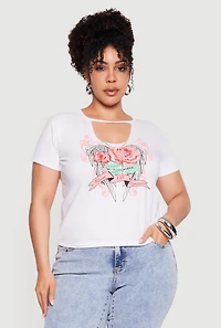 Plus Bloom Of Romance Graphic Keyhole Neckline Tee