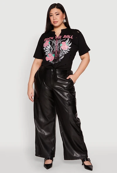 Womens Plus Rock And Roll Guitar Rose Graphic Top,