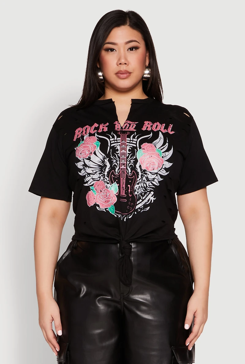 Womens Plus Rock And Roll Guitar Rose Graphic Top, 2X