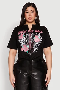 Womens Plus Rock And Roll Guitar Rose Graphic Top, 2X