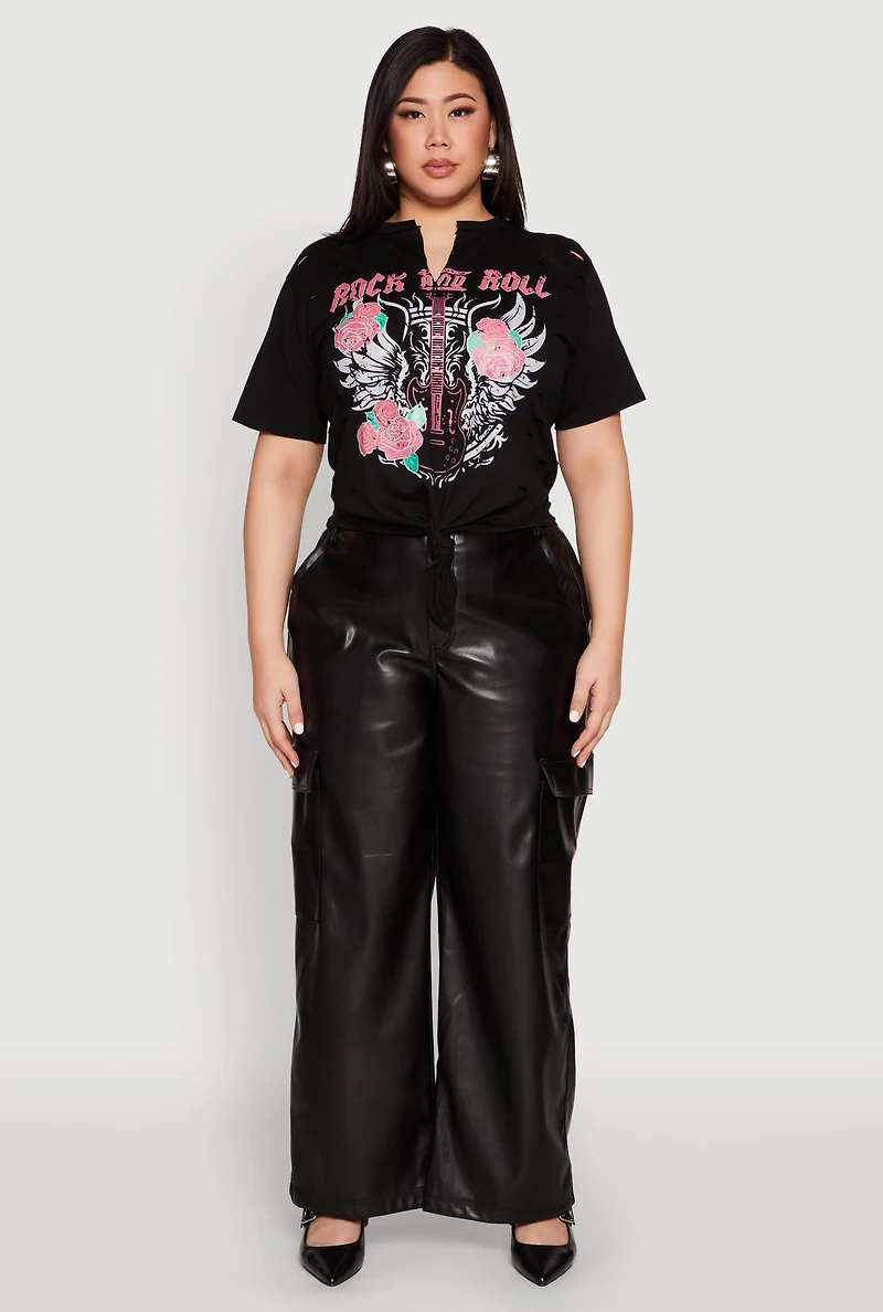 Womens Plus Rock And Roll Guitar Rose Graphic Top, 2X