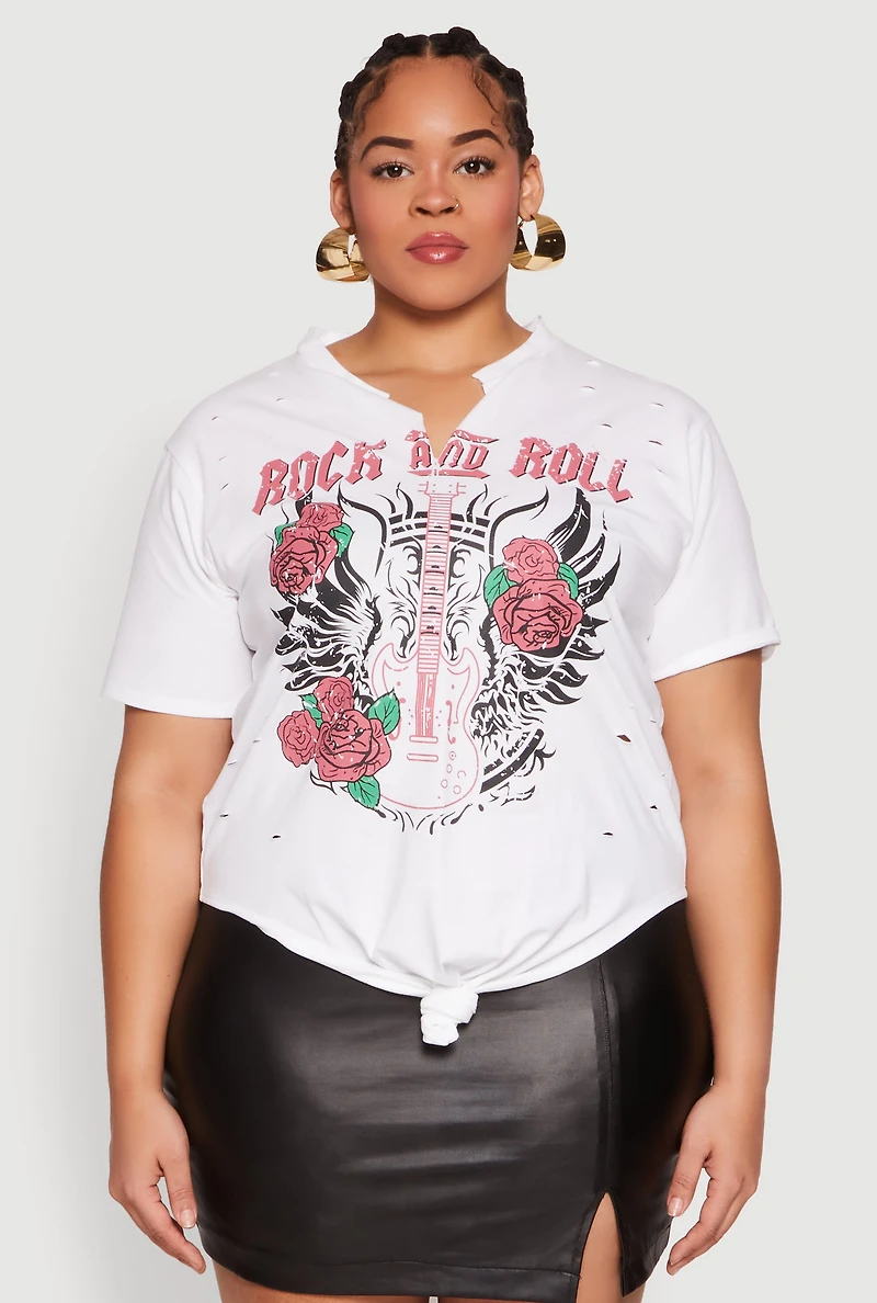 Womens Plus Size Rock And Roll Guitar Rose Graphic Top, White, Size 1X