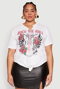 Womens Plus Size Rock And Roll Guitar Rose Graphic Top, White, Size 1X