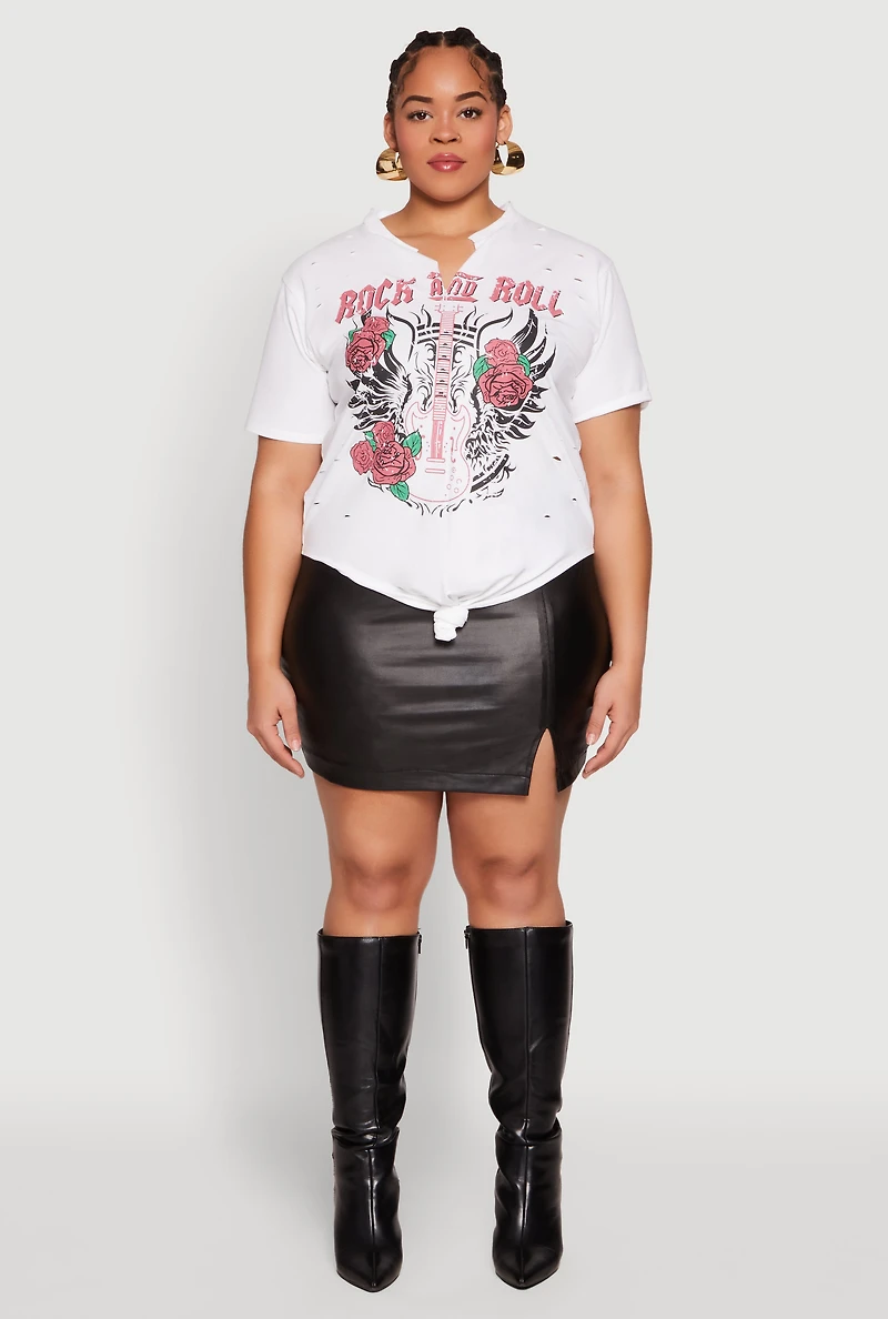 Womens Plus Size Rock And Roll Guitar Rose Graphic Top, White, Size 3X