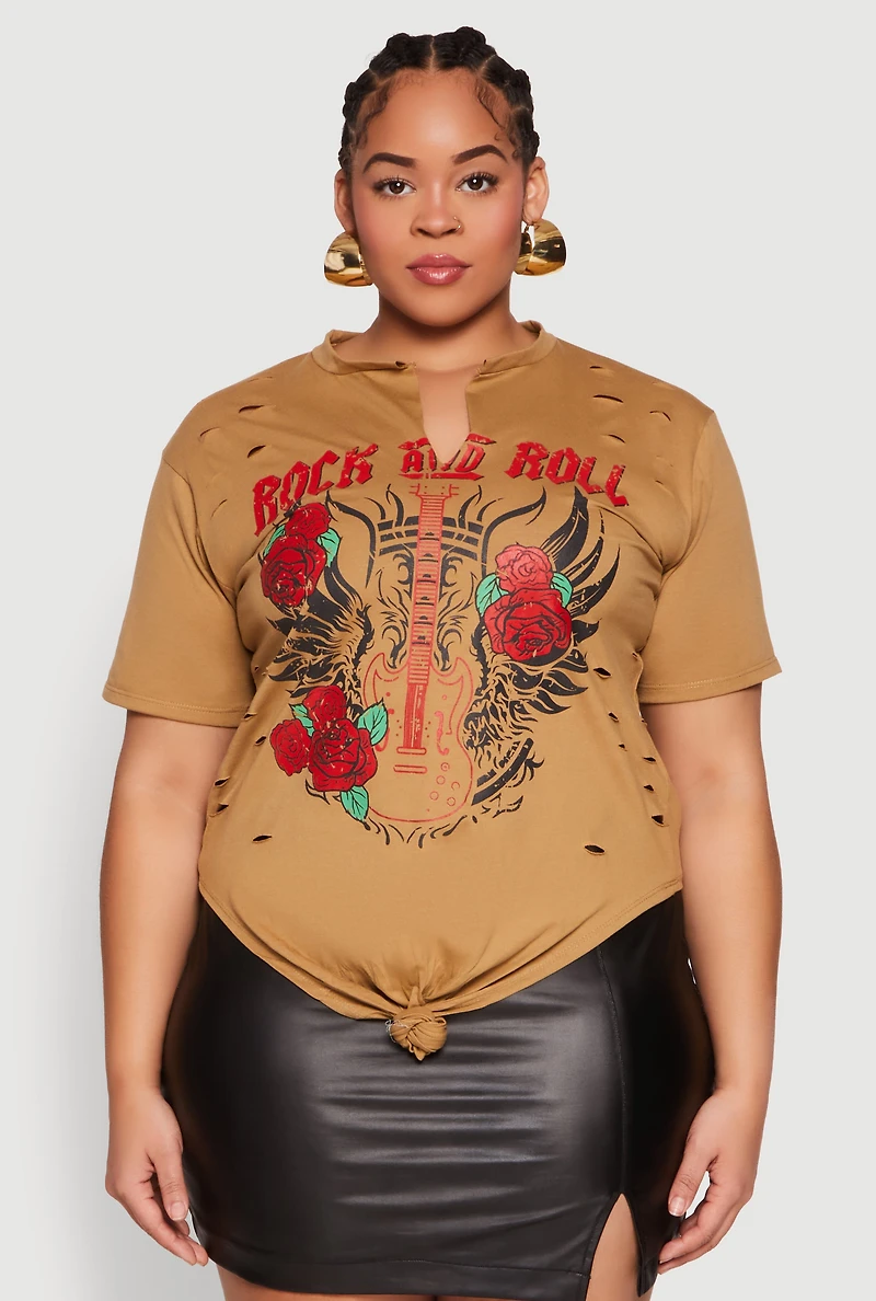 Womens Plus Size Rock And Roll Guitar Rose Graphic Top, Brown, Size 3X
