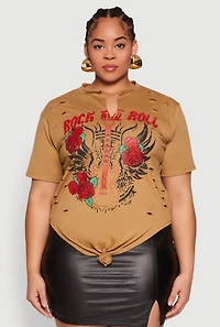 Womens Plus Size Rock And Roll Guitar Rose Graphic Top, Brown, Size 3X