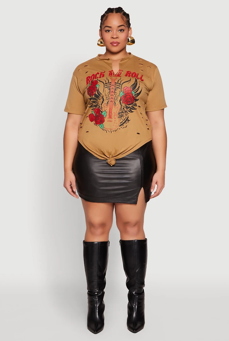 Womens Plus Size Rock And Roll Guitar Rose Graphic Top, Brown, Size 3X