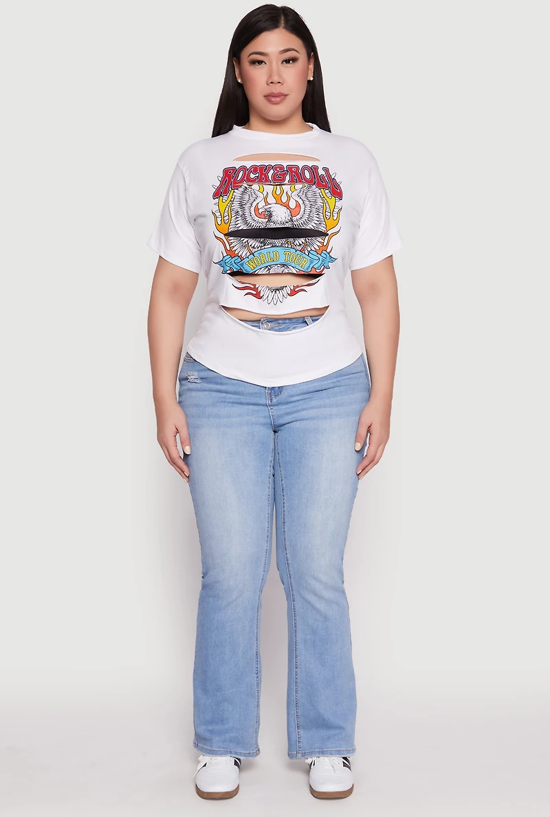 Womens Plus Size Slashed Rock And Roll World Tour Tee, White, Size 1X