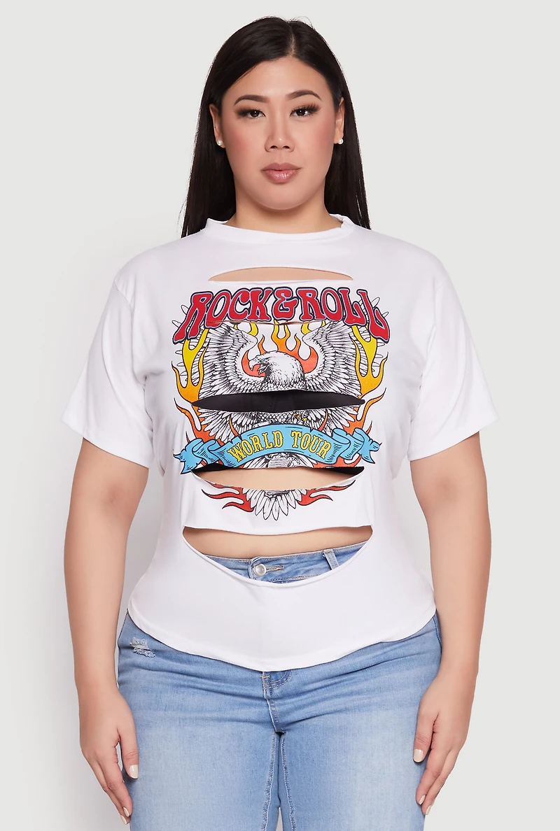 Womens Plus Size Slashed Rock And Roll World Tour Tee, White, Size 1X