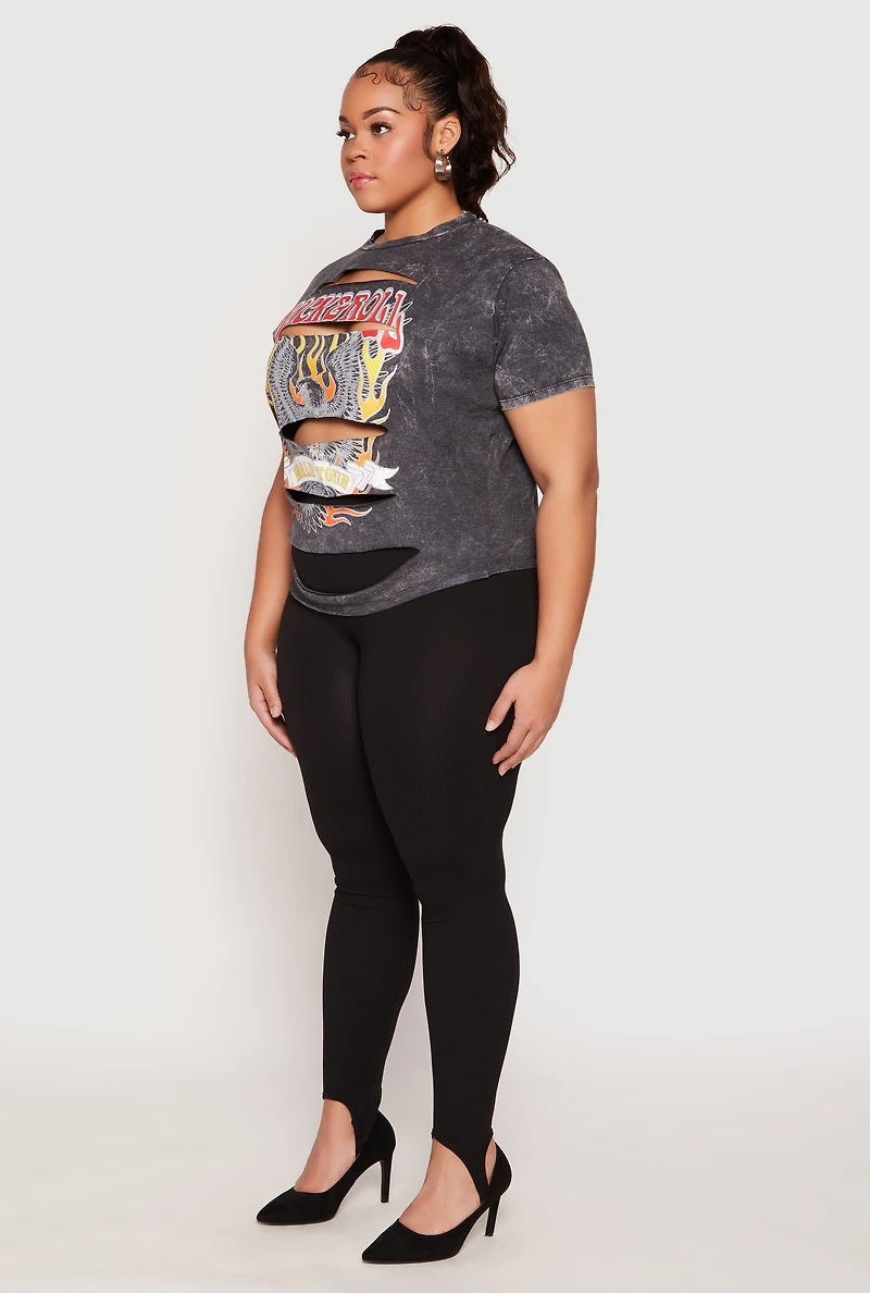Womens Plus Size Slashed Rock And Roll World Tour Tee, Grey, Size 2X