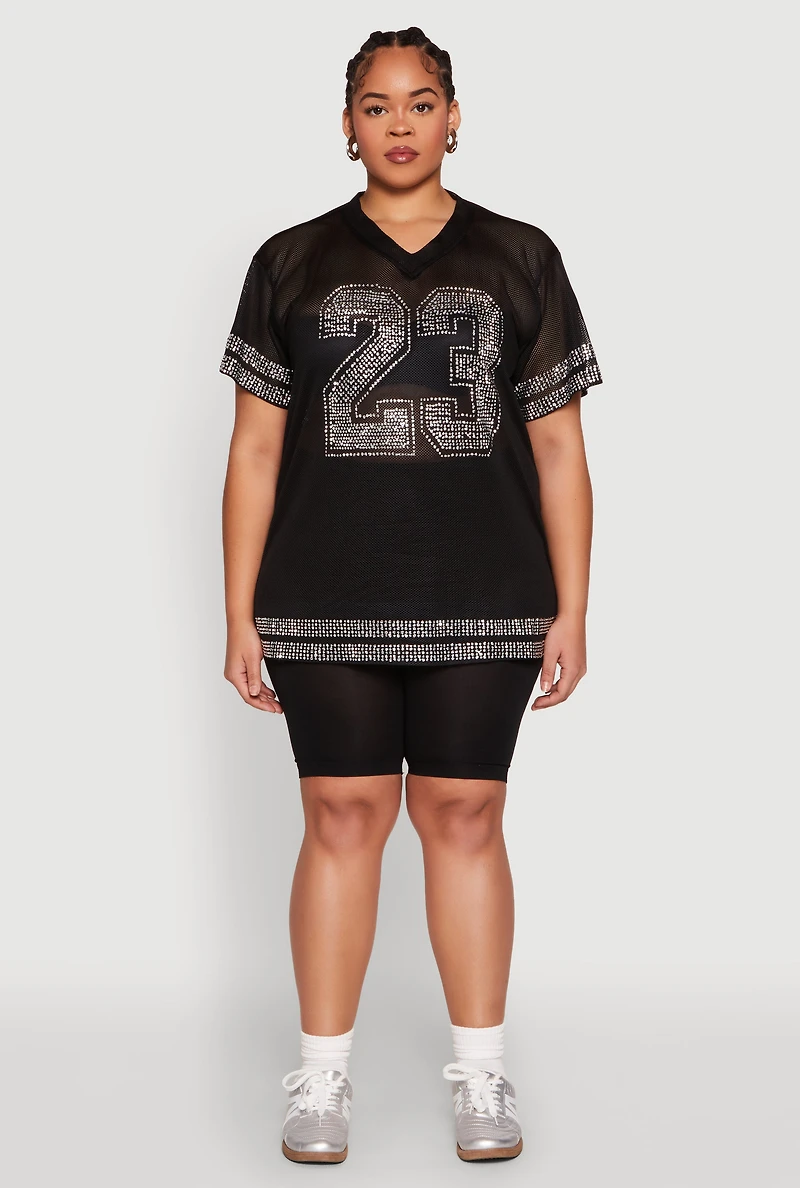 Womens Plus Size Rhinestone Varsity Stripe Mesh Jersey, Black, Size 2X