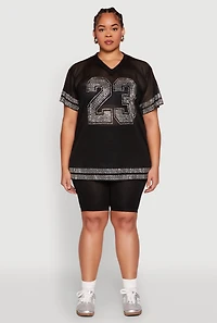 Womens Plus Size Rhinestone Varsity Stripe Mesh Jersey, Black, Size 2X