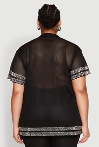 Womens Plus Size Rhinestone Varsity Stripe Mesh Jersey, Black, Size 2X