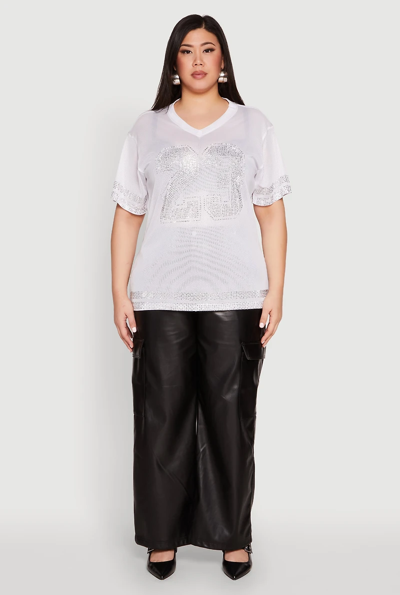 Womens Plus Size Rhinestone Varsity Stripe Mesh Jersey, White, Size 2X