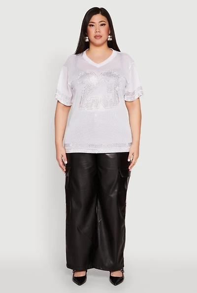 Womens Plus Size Rhinestone Varsity Stripe Mesh Jersey, White, Size 2X