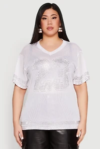 Womens Plus Size Rhinestone Varsity Stripe Mesh Jersey, White, Size 1X
