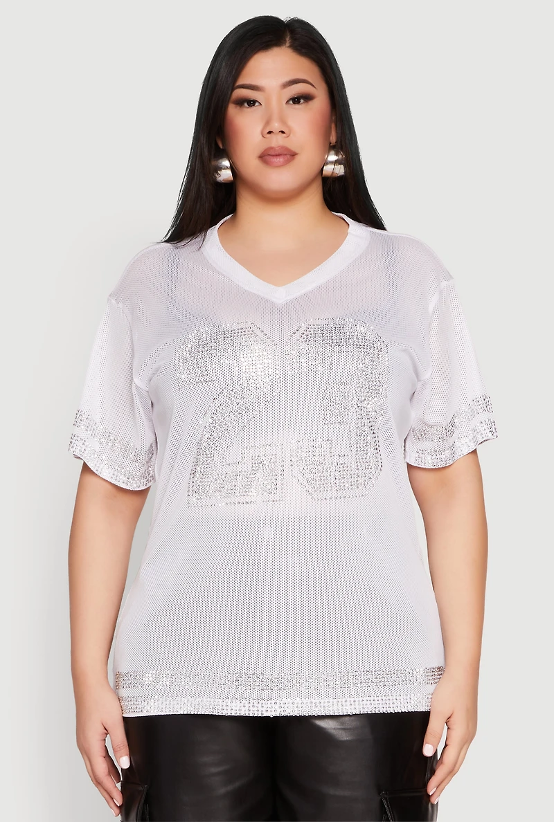 Womens Plus Size Rhinestone Varsity Stripe Mesh Jersey, White, Size 3X