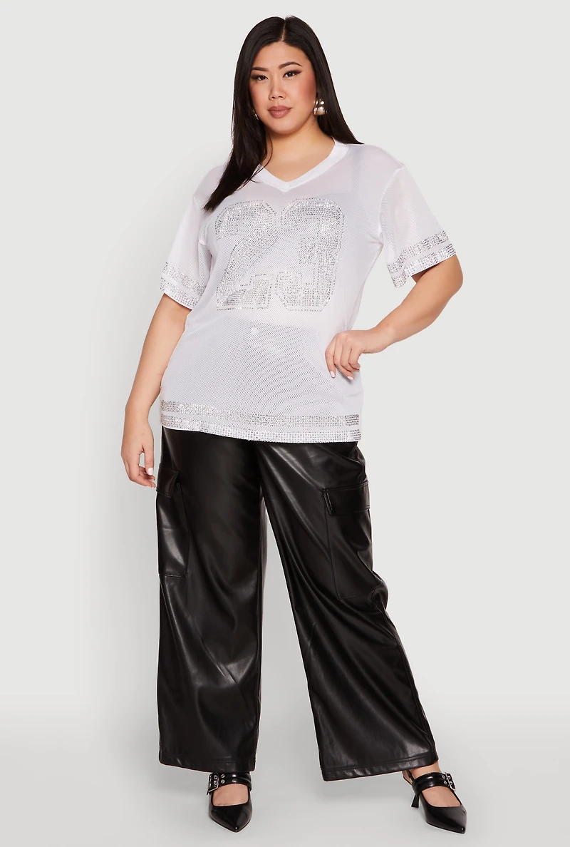 Womens Plus Size Rhinestone Varsity Stripe Mesh Jersey, White, Size 1X