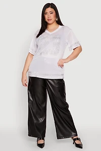 Womens Plus Size Rhinestone Varsity Stripe Mesh Jersey, White, Size 1X