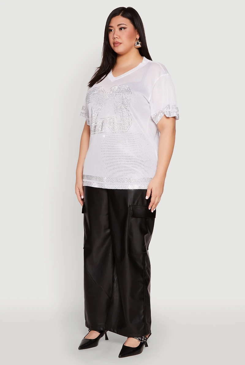 Womens Plus Size Rhinestone Varsity Stripe Mesh Jersey, White, Size 3X
