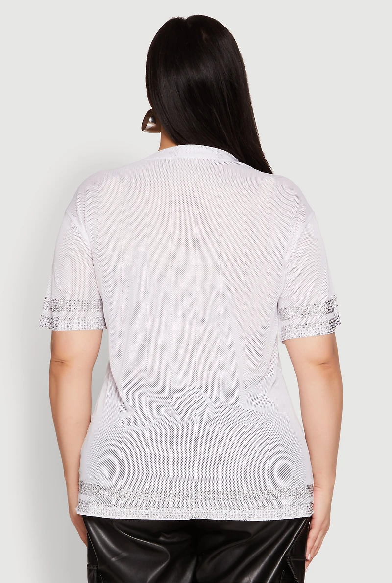 Womens Plus Size Rhinestone Varsity Stripe Mesh Jersey, White, Size 1X