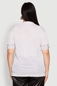 Womens Plus Size Rhinestone Varsity Stripe Mesh Jersey, White, Size 2X