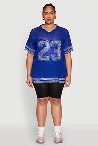 Womens Plus Size Rhinestone Varsity Stripe Mesh Jersey, Blue, Size 2X
