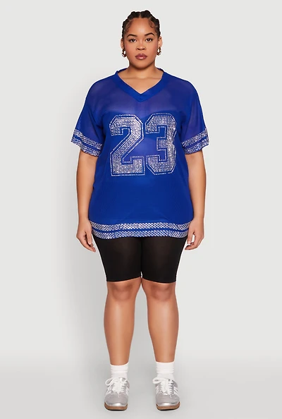 Womens Plus Rhinestone Varsity Stripe Mesh Jersey, 2X