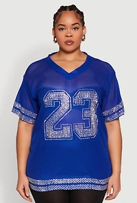 Womens Plus Size Rhinestone Varsity Stripe Mesh Jersey, Blue, Size 2X