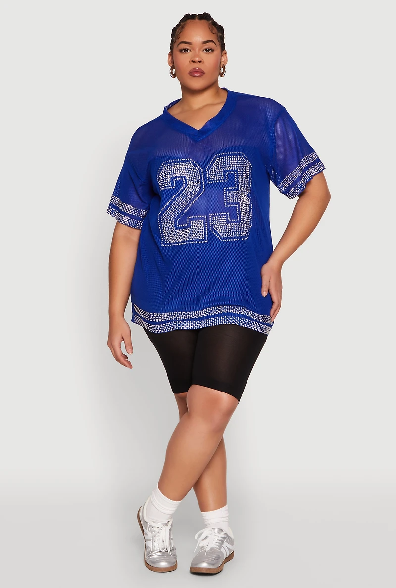 Womens Plus Size Rhinestone Varsity Stripe Mesh Jersey, Blue, Size 2X