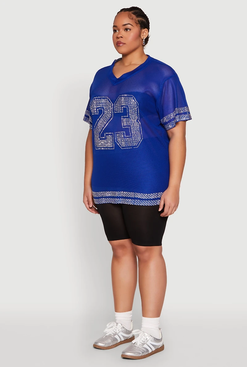 Womens Plus Size Rhinestone Varsity Stripe Mesh Jersey, Blue, Size 3X