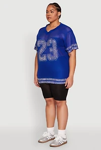 Womens Plus Size Rhinestone Varsity Stripe Mesh Jersey, Blue, Size 3X