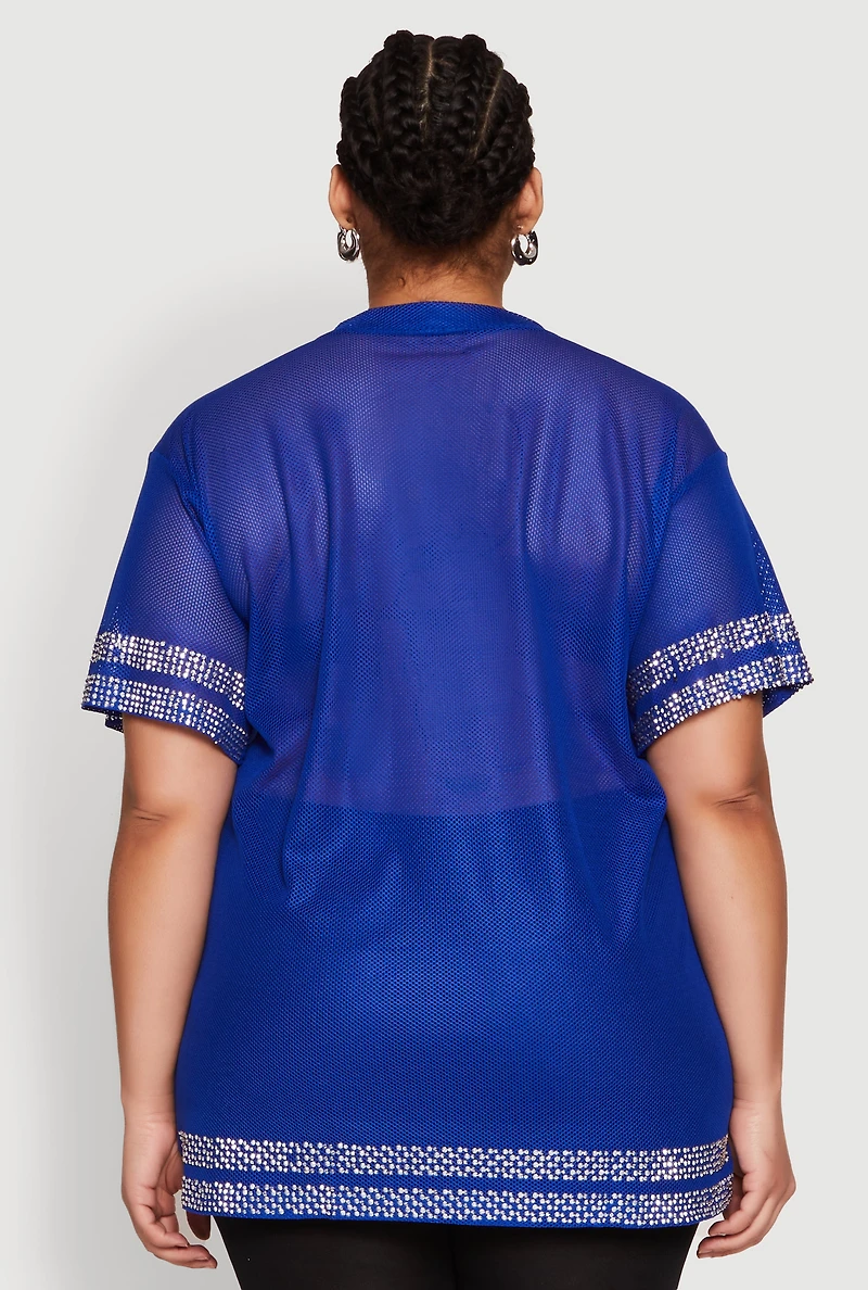Womens Plus Size Rhinestone Varsity Stripe Mesh Jersey, Blue, Size 2X